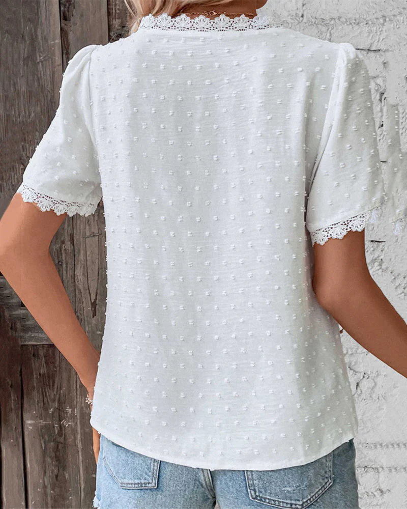 Lightweight & flattering women’s blouse – V-neck with lace accents, cotton blend, for everyday wear - Image 3