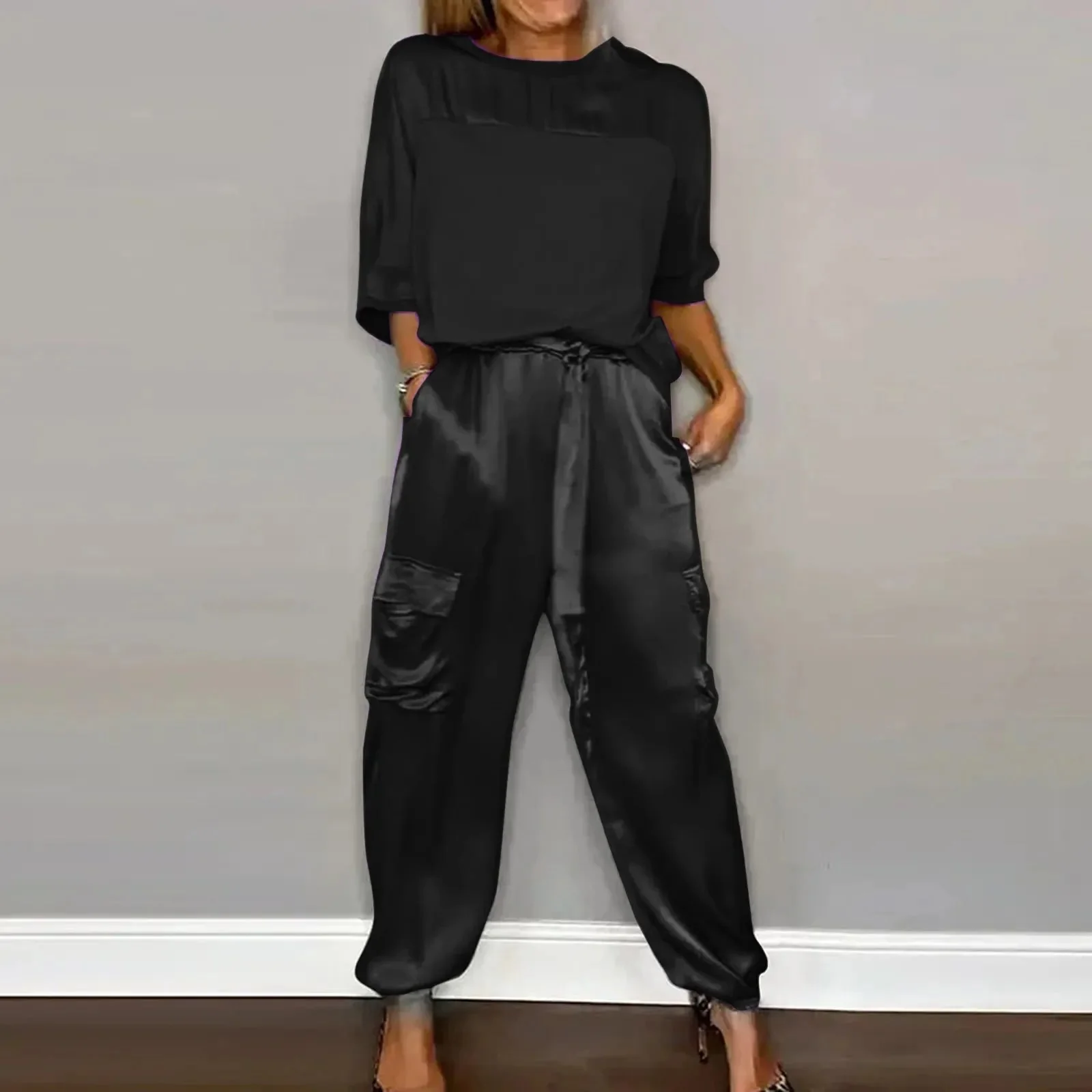 Lightweight & Flattering women’s two-piece set – half-sleeve blouse, breathable satin, for casual and evening wear - Image 2