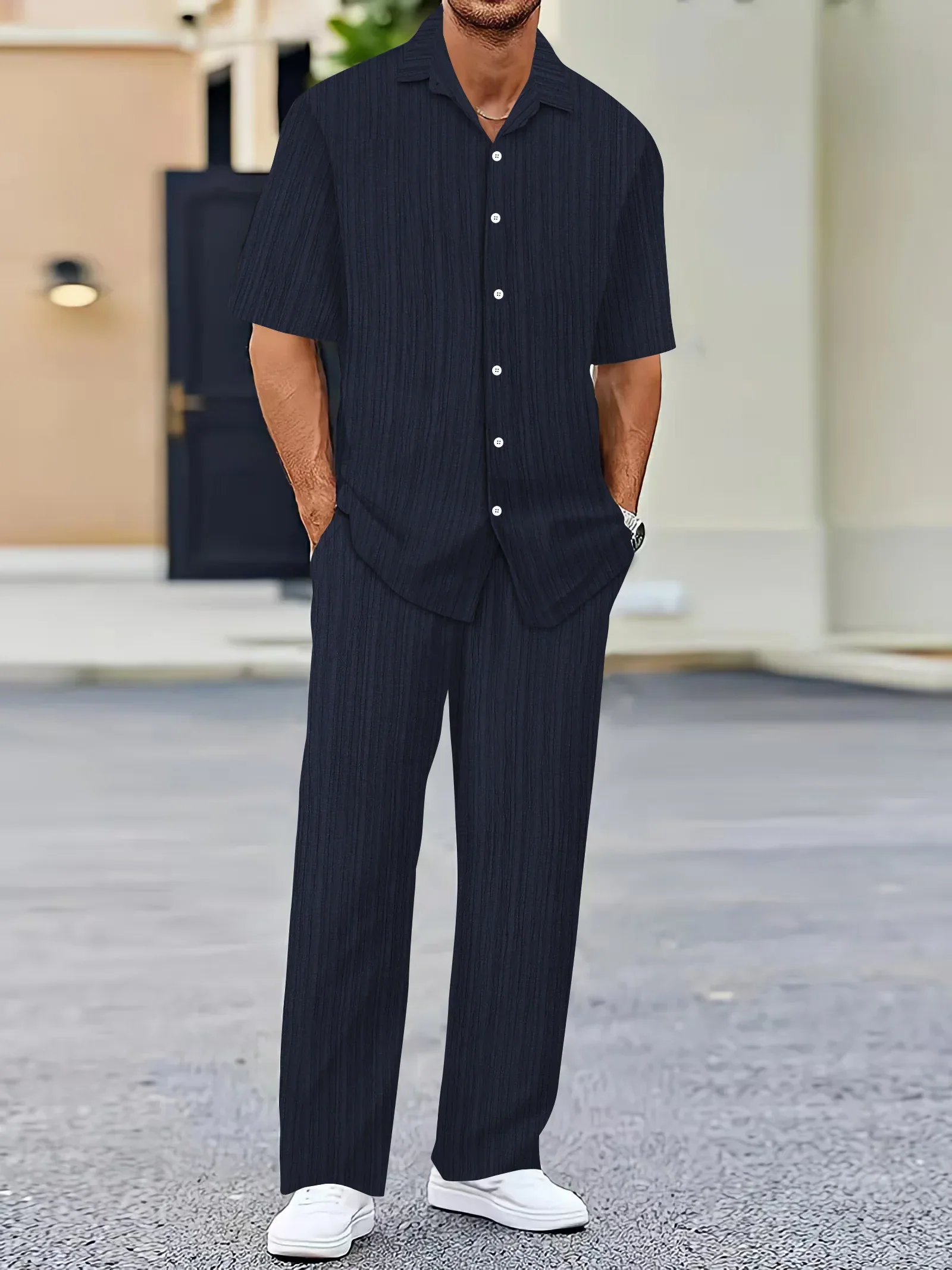 Lightweight Linen Shirt and Pants Set, Vertical Striped Design, Relaxed Fit for Casual and Semi-Formal Wear - Image 2