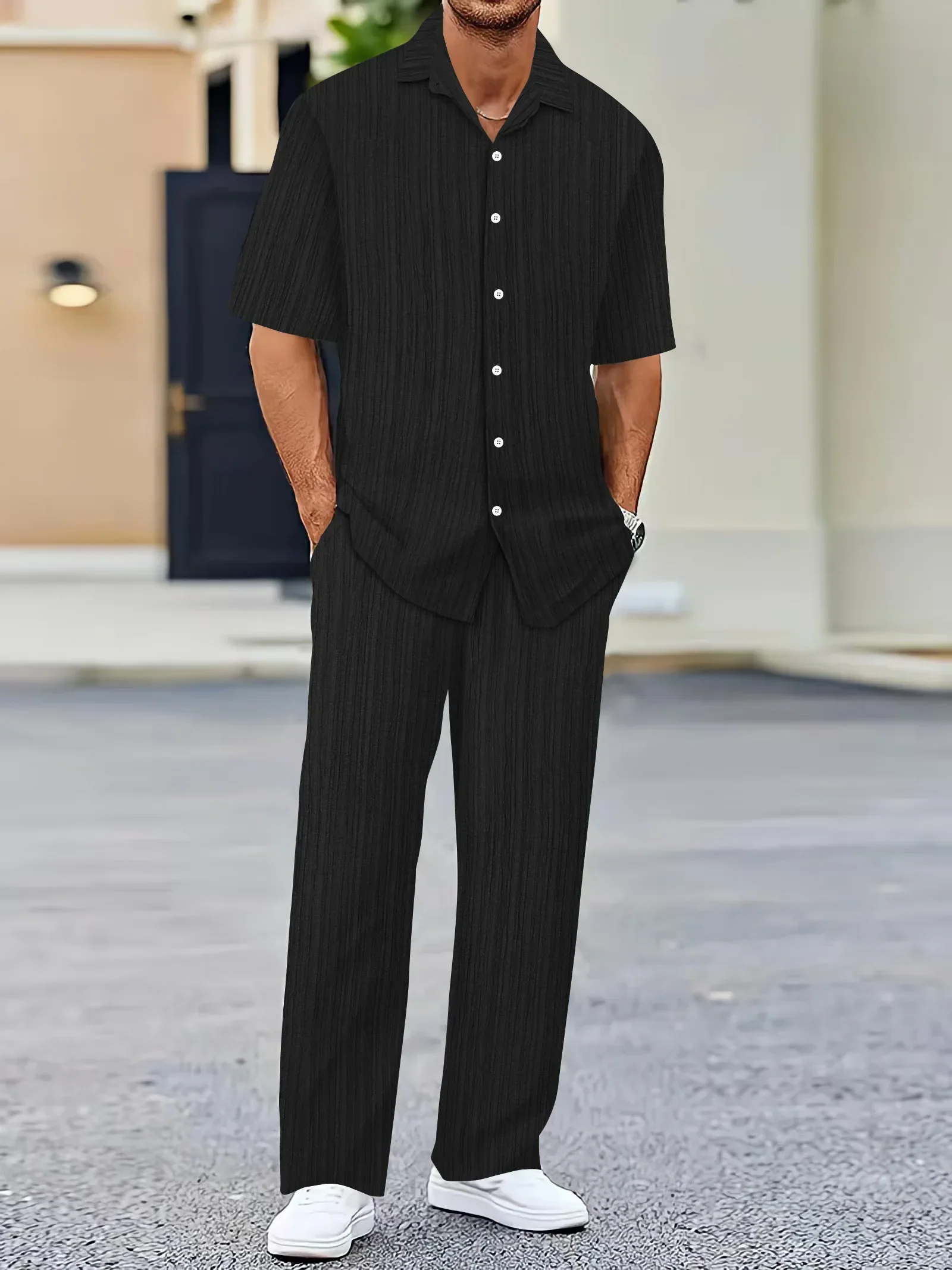 Lightweight Linen Shirt and Pants Set, Vertical Striped Design, Relaxed Fit for Casual and Semi-Formal Wear - Image 3
