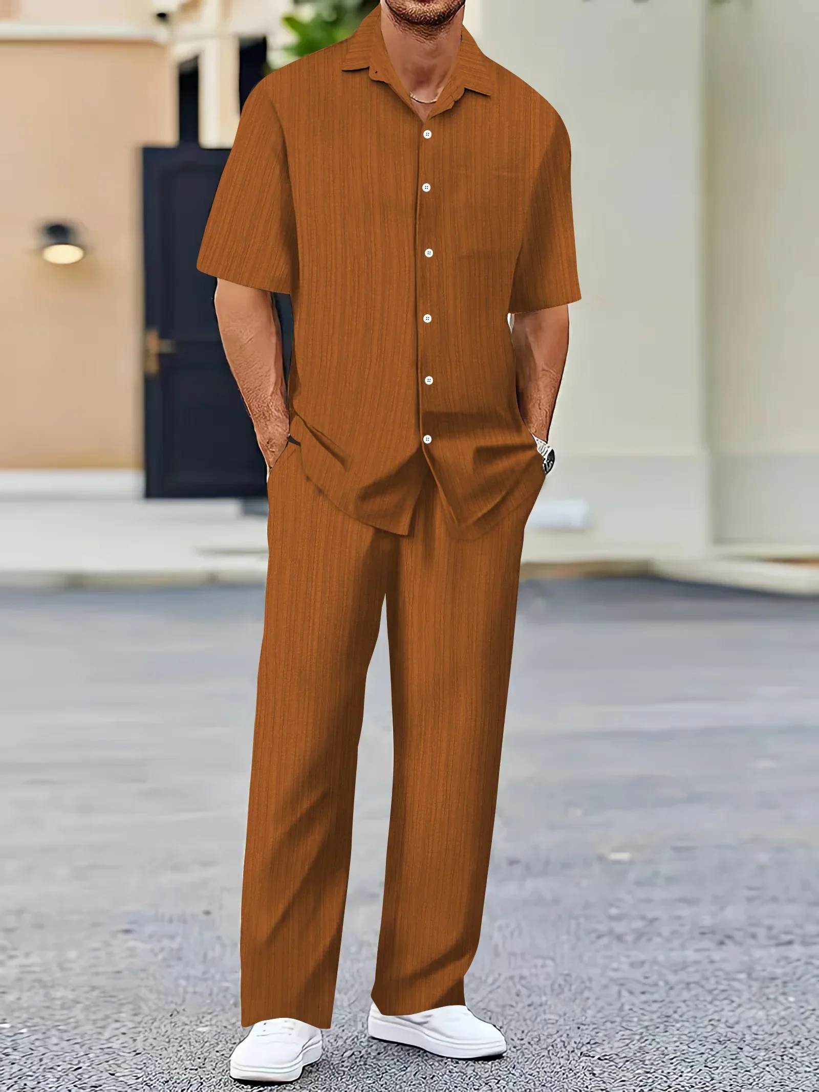 Lightweight Linen Shirt and Pants Set, Vertical Striped Design, Relaxed Fit for Casual and Semi-Formal Wear - Image 4