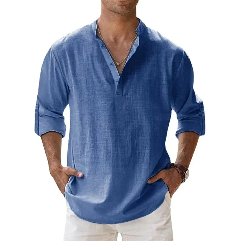 Lightweight Long Sleeve Henley Shirts for Men - Breathable Beach Streetwear Cotton Linen - Image 3