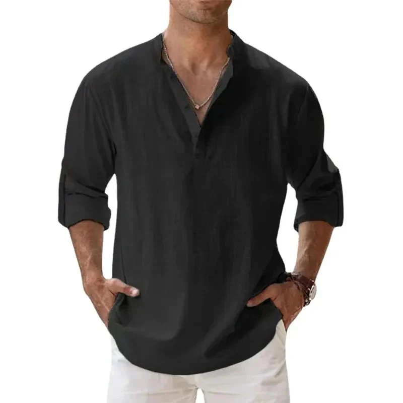 Lightweight Long Sleeve Henley Shirts for Men - Breathable Beach Streetwear Cotton Linen - Image 4