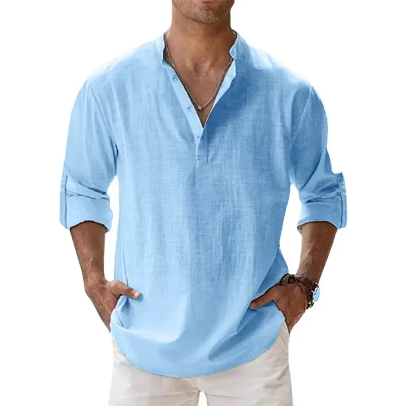 Lightweight Long Sleeve Henley Shirts for Men - Breathable Beach Streetwear Cotton Linen - Image 6