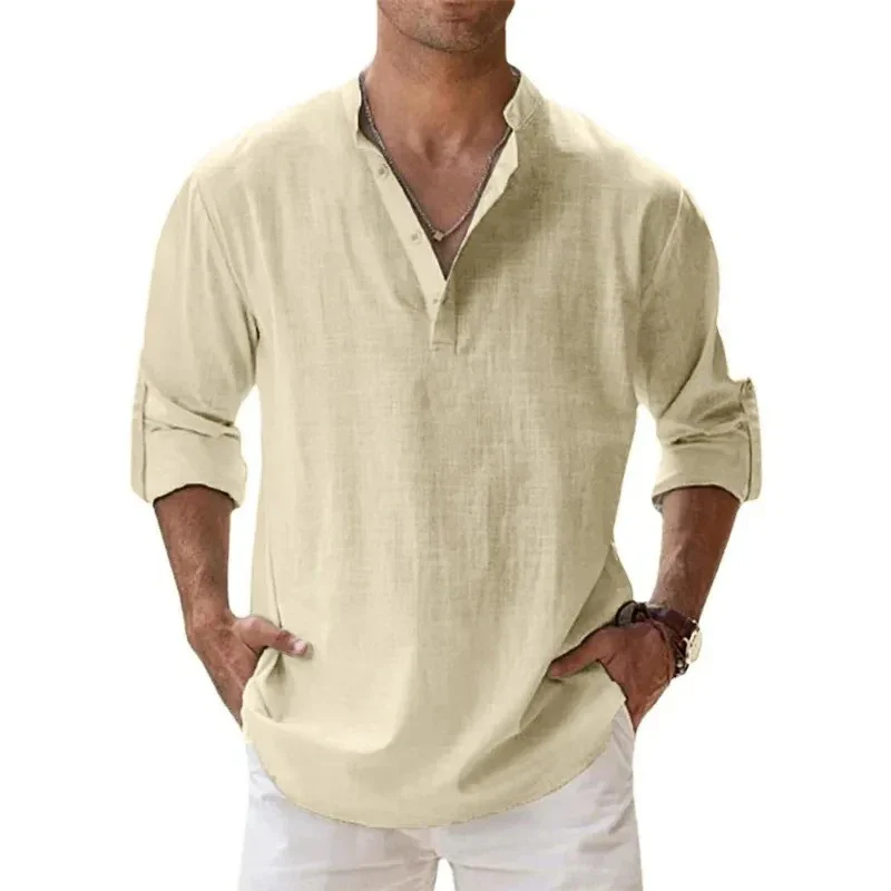 Lightweight Long Sleeve Henley Shirts for Men - Breathable Beach Streetwear Cotton Linen - Image 7