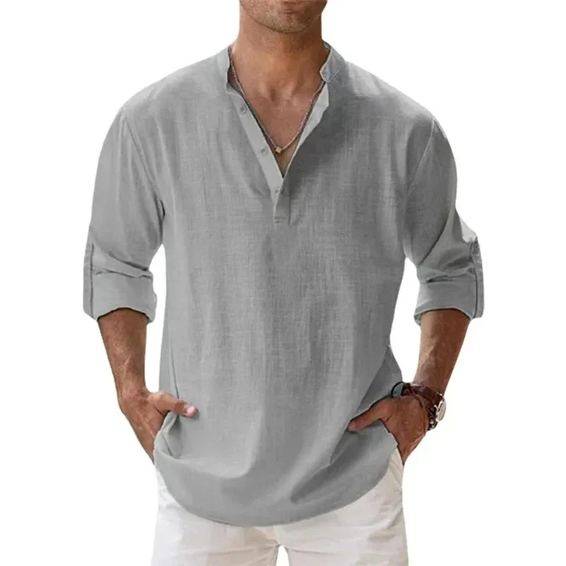 Lightweight Long Sleeve Henley Shirts for Men - Breathable Beach Streetwear Cotton Linen - Image 9