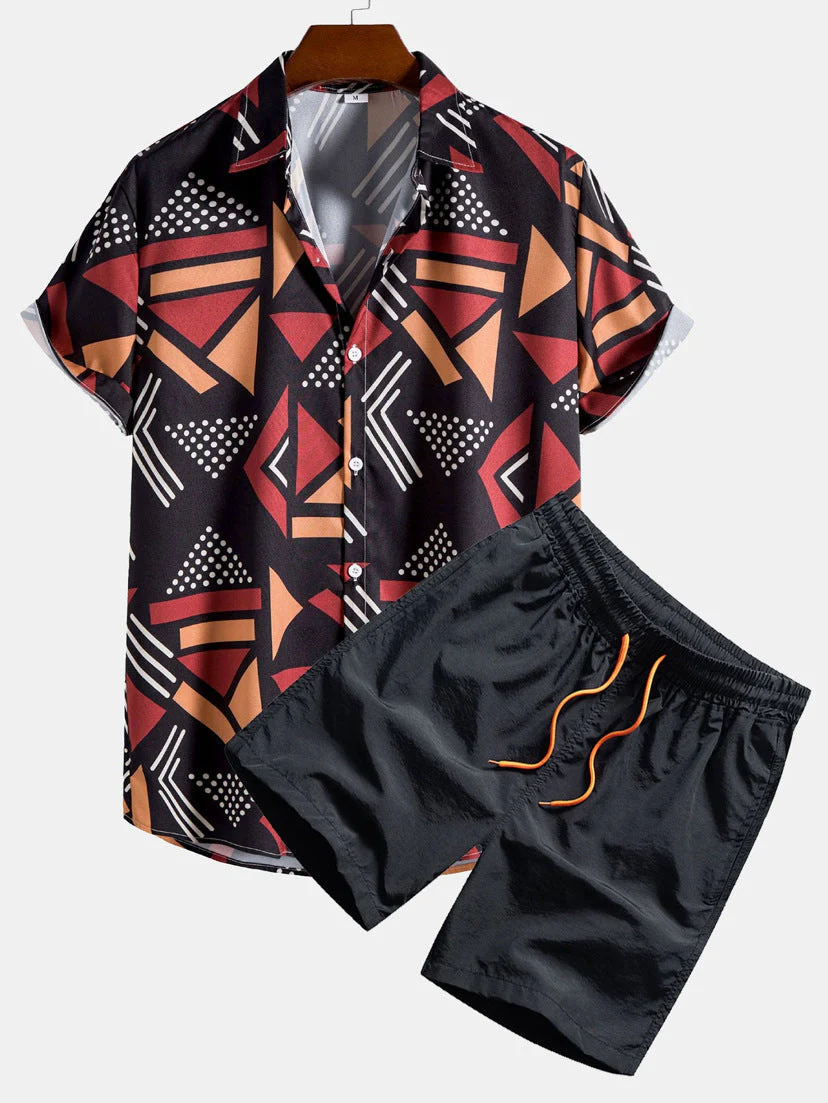 Lightweight men's casual set – short sleeve shirt with comfortable shorts, digital print, for everyday wear