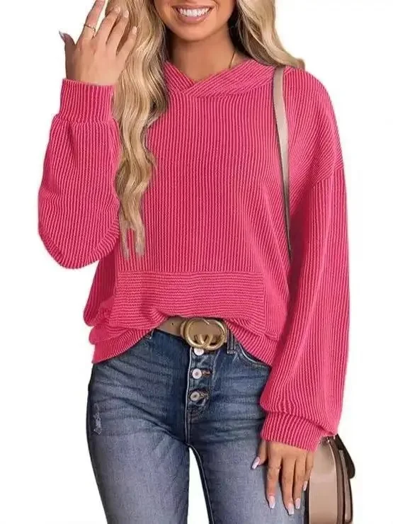Lightweight Relaxed Womens Hoodie - Ribbed Knit, Casual - Image 11
