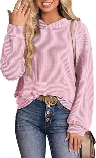 Lightweight Relaxed Womens Hoodie - Ribbed Knit, Casual - Image 12