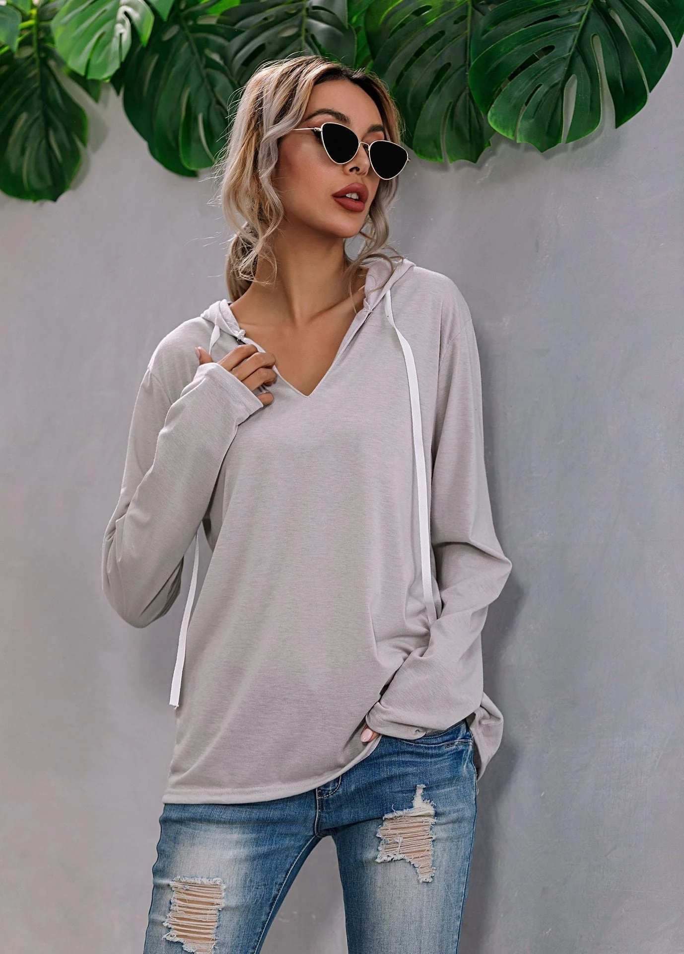 Lightweight Relaxed Womens Hoodie - V Neck, Knit, Everyday - Image 3
