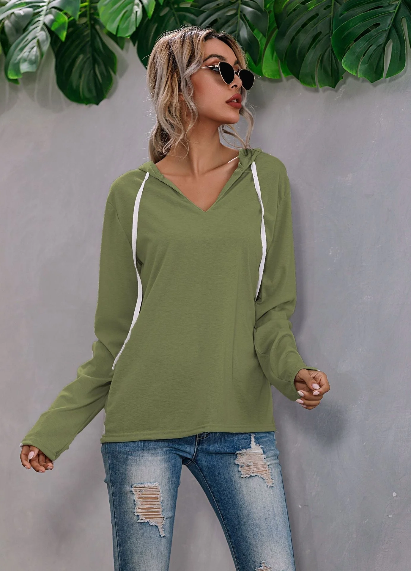 Lightweight Relaxed Womens Hoodie - V Neck, Knit, Everyday - Image 4