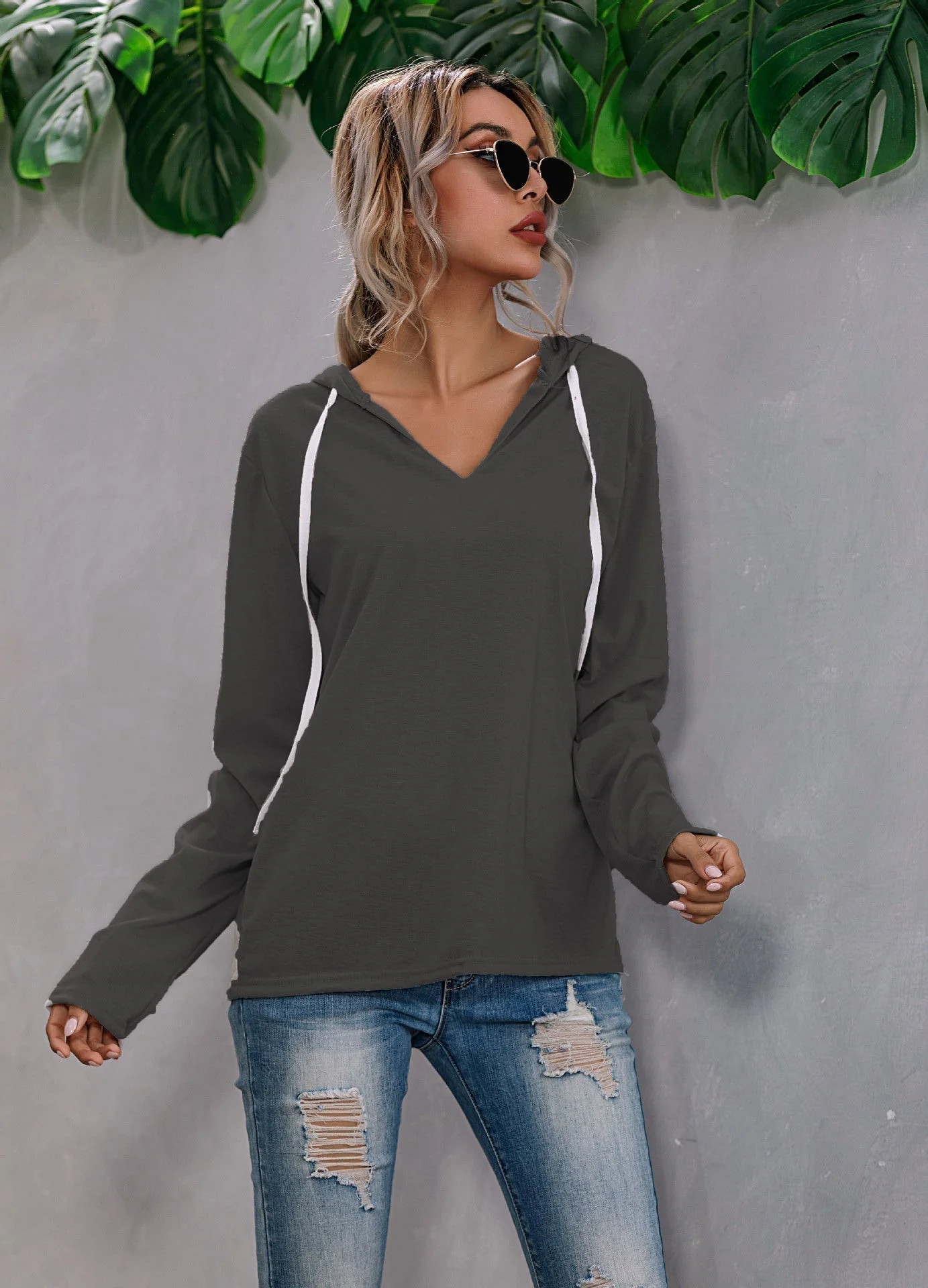 Lightweight Relaxed Womens Hoodie - V Neck, Knit, Everyday - Image 5