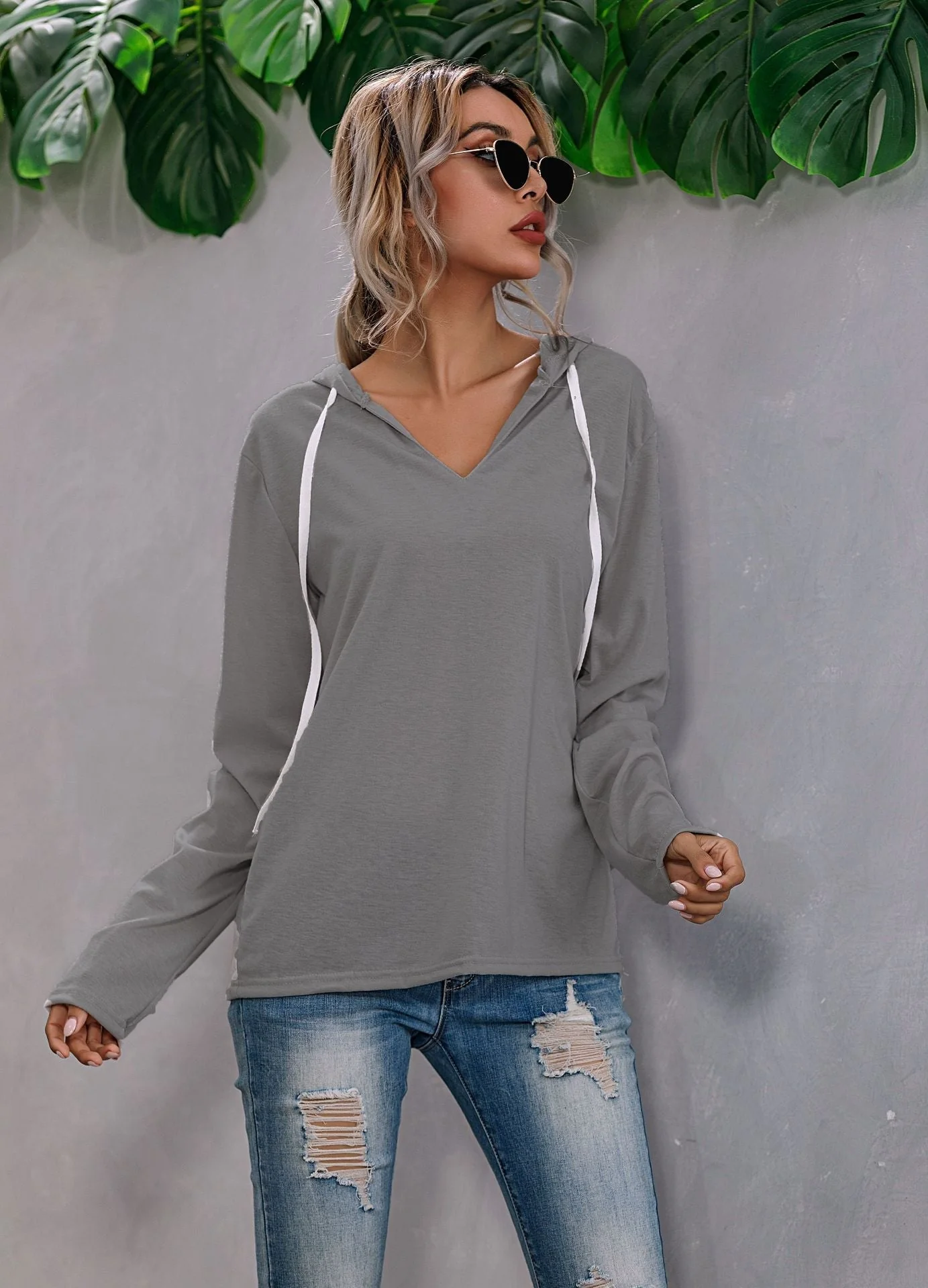 Lightweight Relaxed Womens Hoodie - V Neck, Knit, Everyday - Image 7