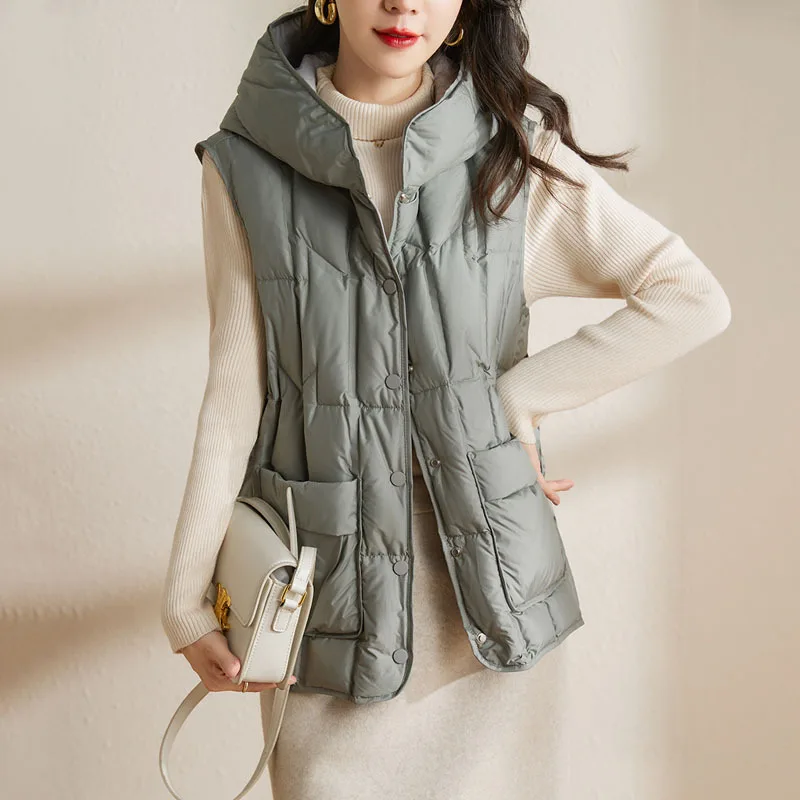 Lightweight Women Hooded Down Vest - Boxy, Down, Autumn - Image 3