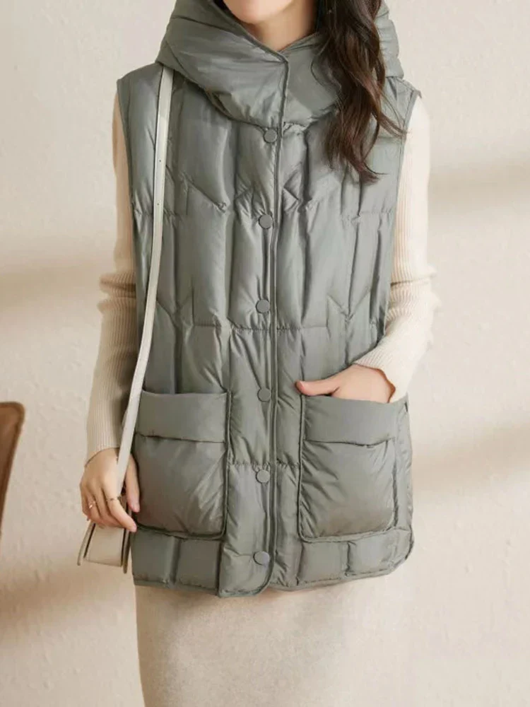 Lightweight Women’s Hooded Down Vest - Quilted Midlength - Image 15
