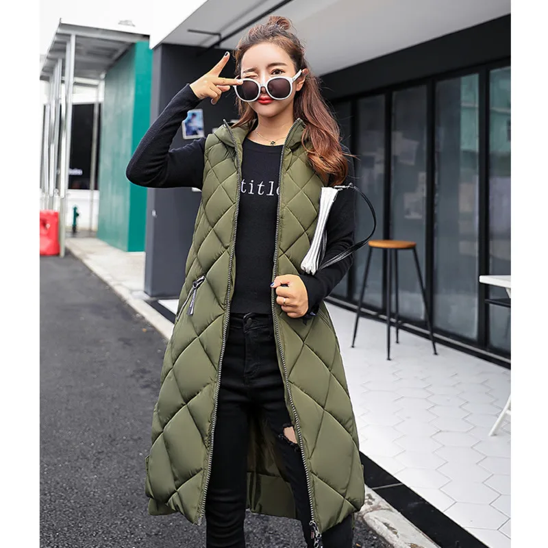 Lightweight Women's Long Puffer Vest - Hooded Cotton Winter