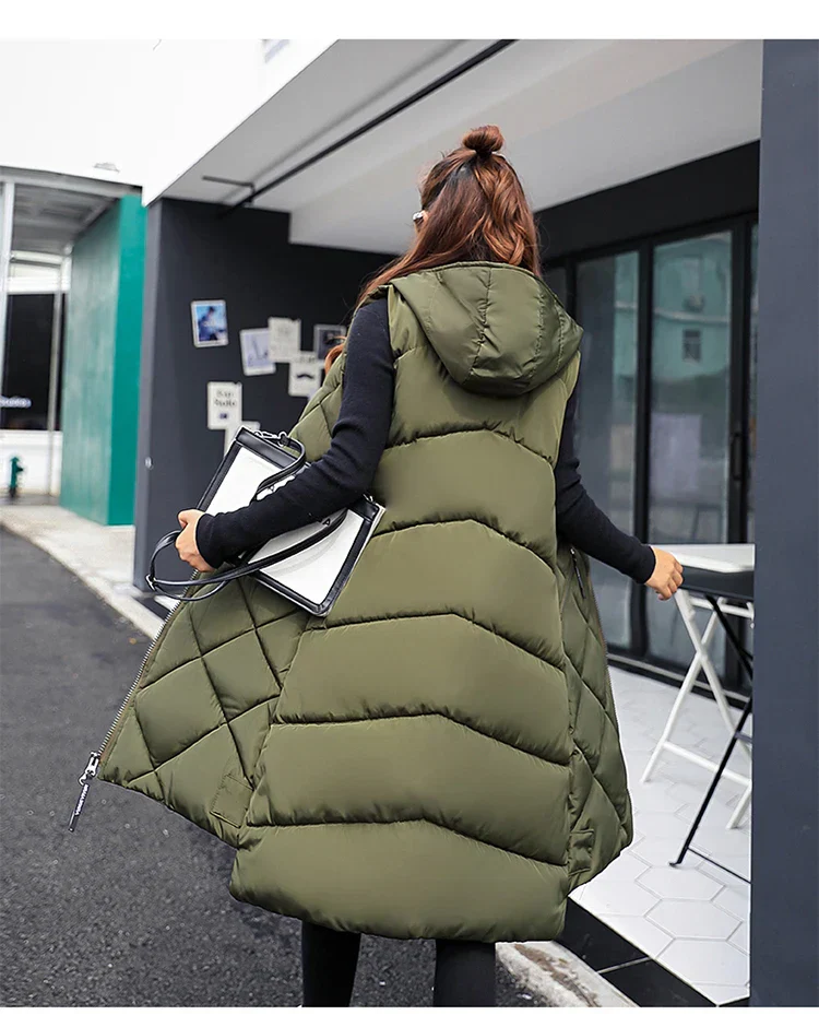 Lightweight Women's Long Puffer Vest - Hooded Cotton Winter - Image 16