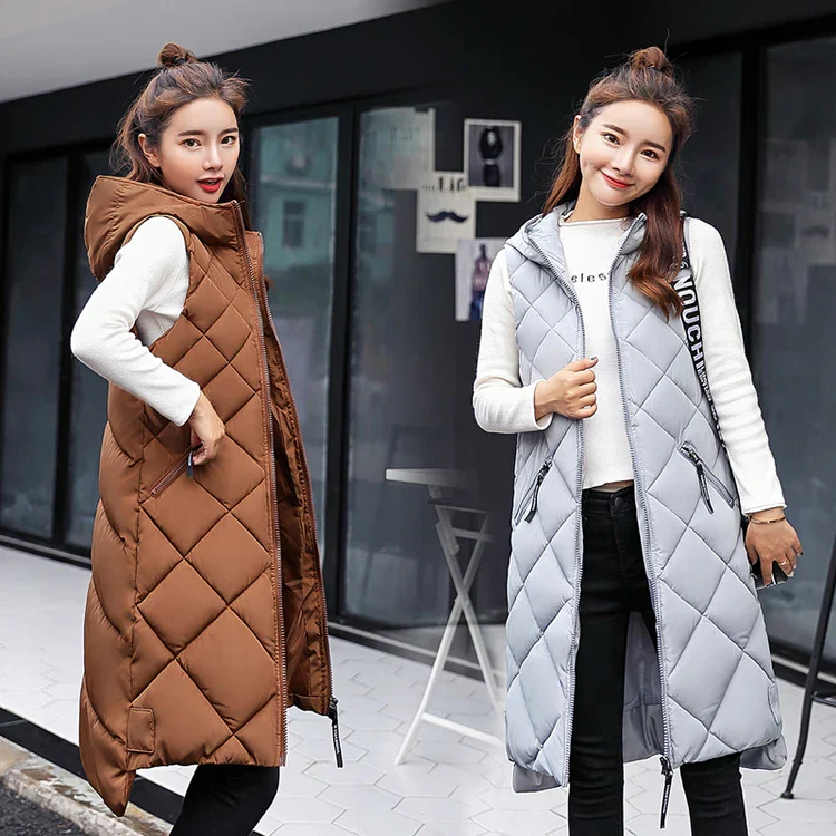 Lightweight Women's Long Puffer Vest - Hooded Cotton Winter - Image 17