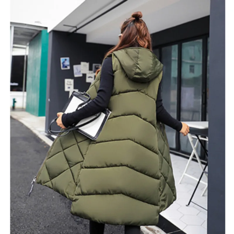 Lightweight Women's Long Puffer Vest - Hooded Cotton Winter - Image 2