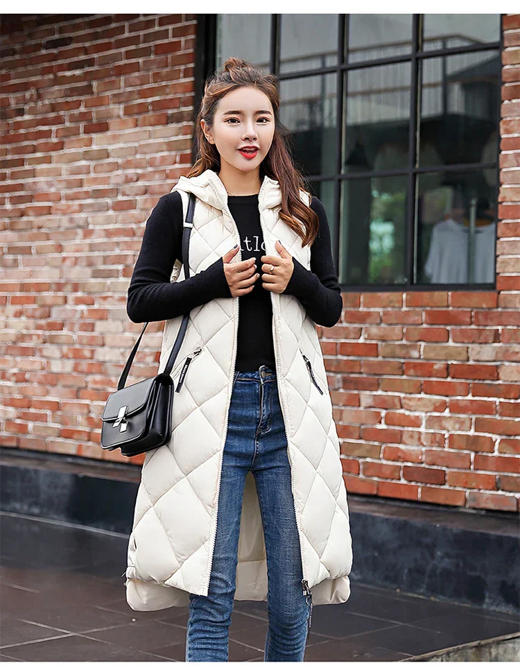 Lightweight Women's Long Puffer Vest - Hooded Cotton Winter - Image 8