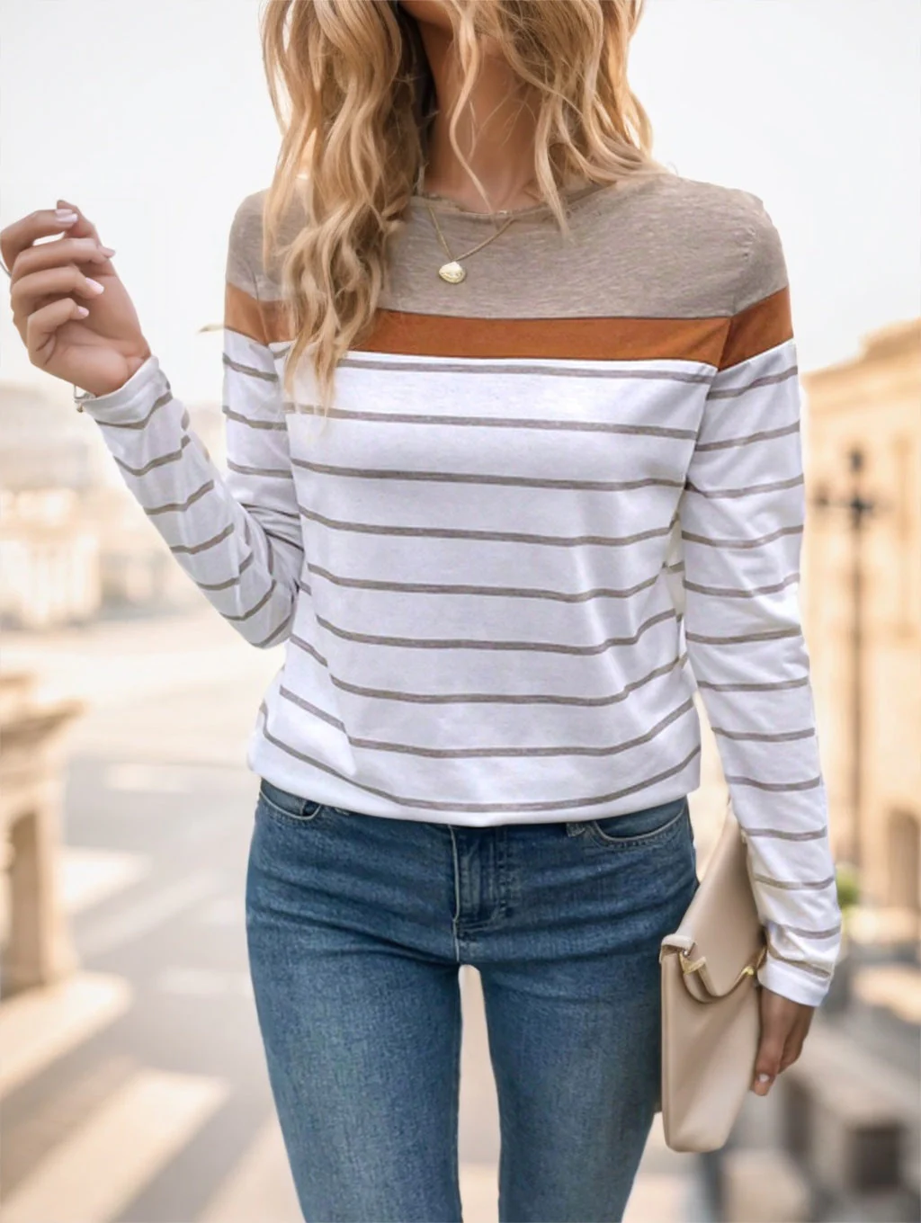 Lightweight Women's Long Sleeve T-Shirt - Striped Yoke Cotton