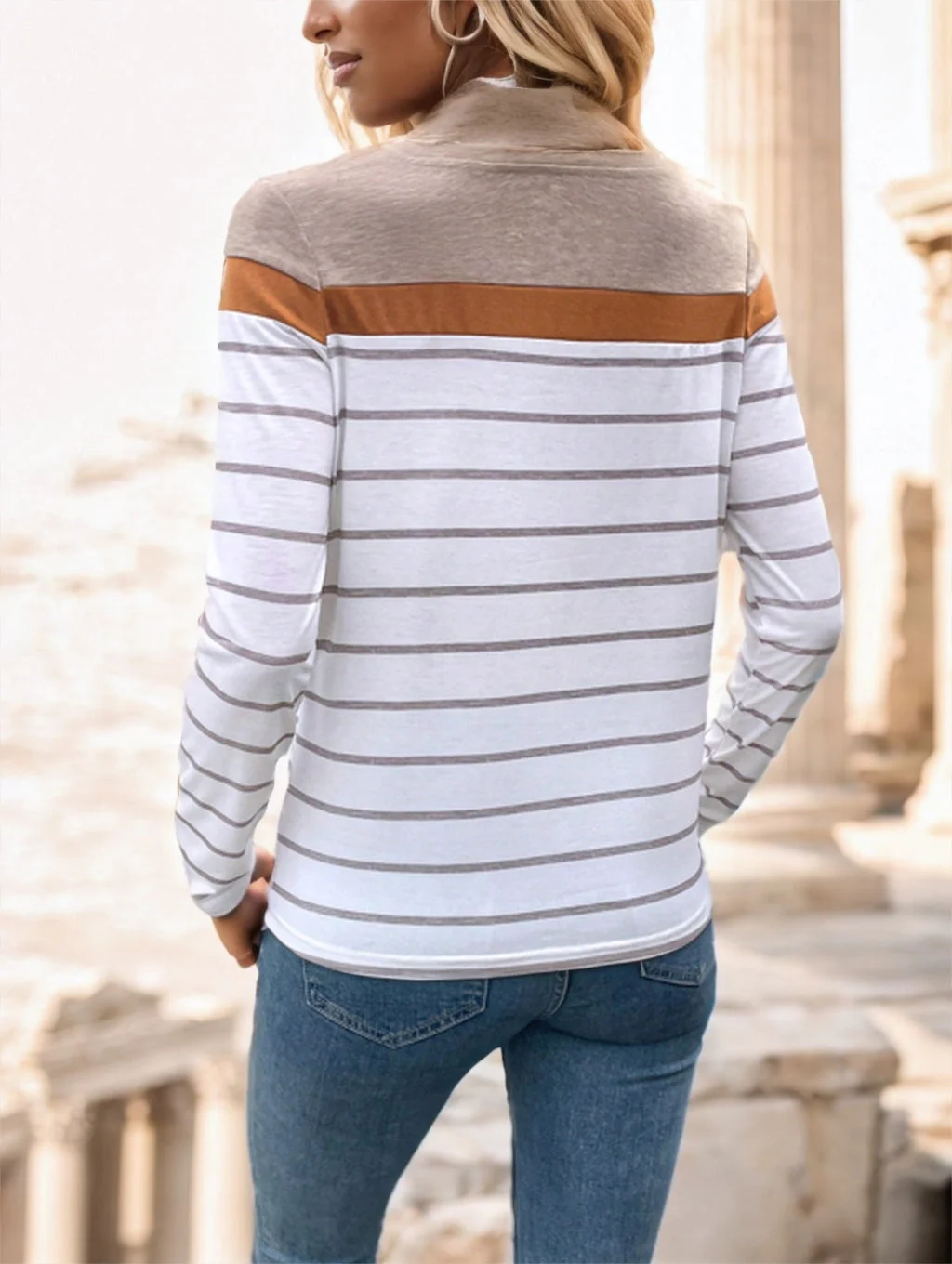 Lightweight Women's Long Sleeve T-Shirt - Striped Yoke Cotton - Image 2
