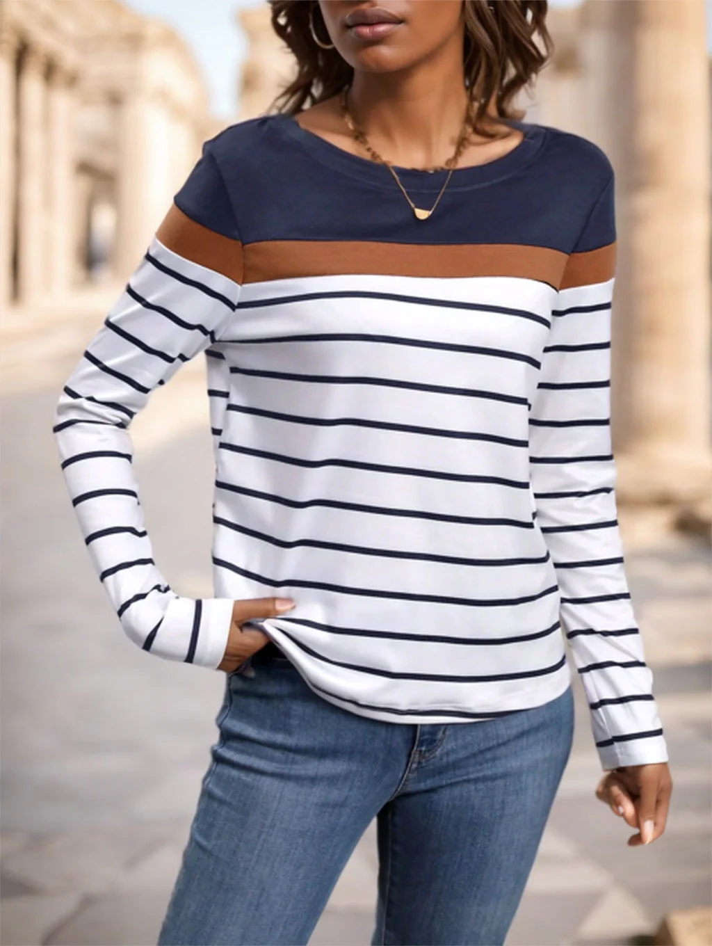 Lightweight Women's Long Sleeve T-Shirt - Striped Yoke Cotton - Image 4