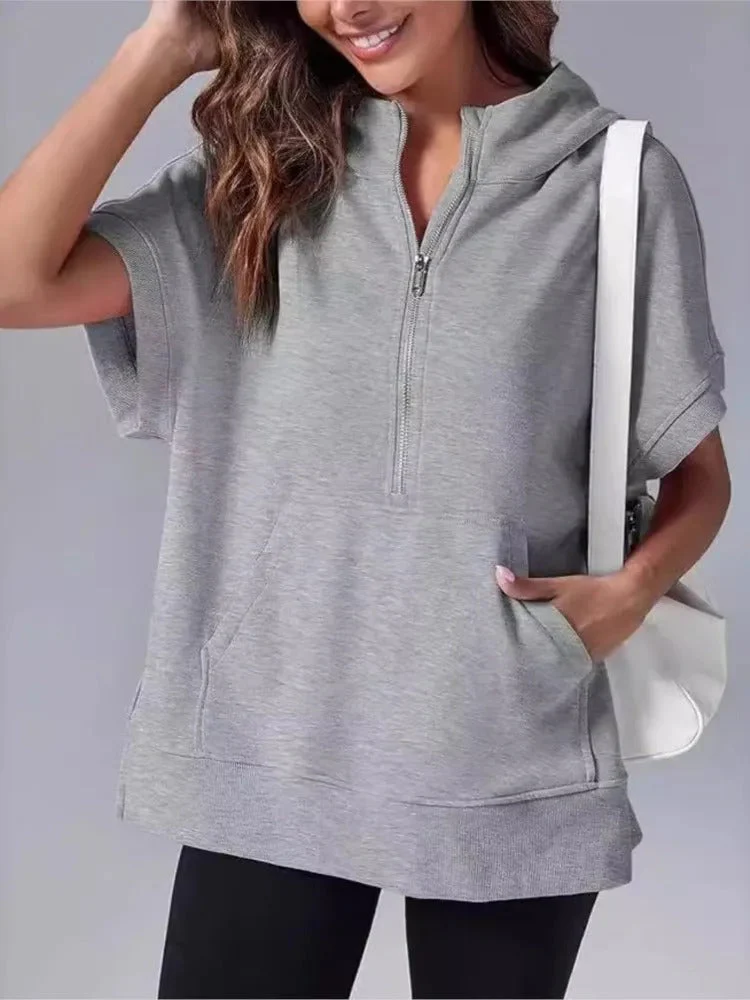 Lightweight Women's Short Sleeve Hoodie - Oversized Knit - Image 2