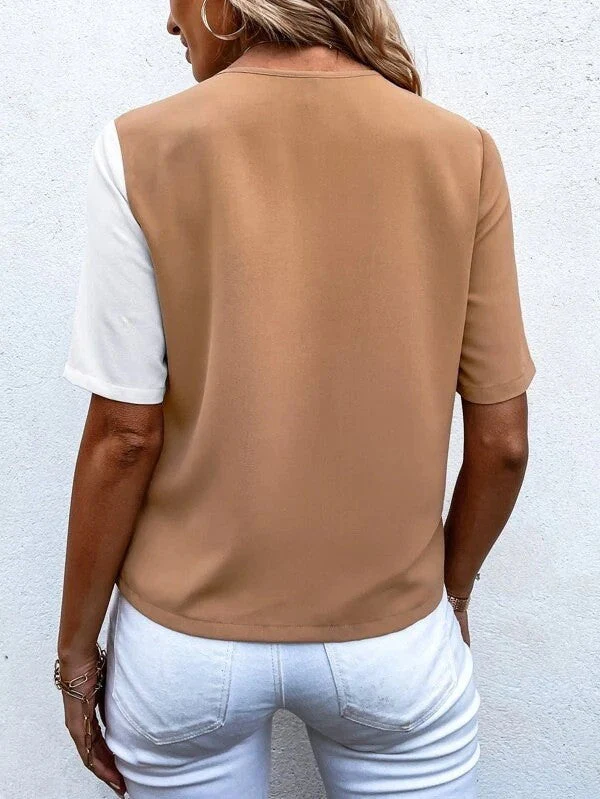 Lightweight women’s blouse – V-neck, short sleeves, made from elastane and polyester, for office and casual wear - Image 6