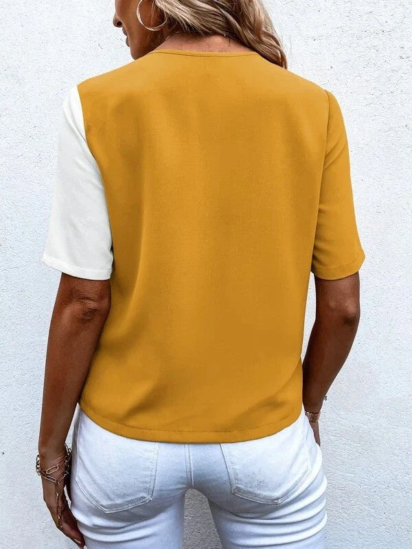 Lightweight women’s blouse – V-neck, short sleeves, made from elastane and polyester, for office and casual wear - Image 8