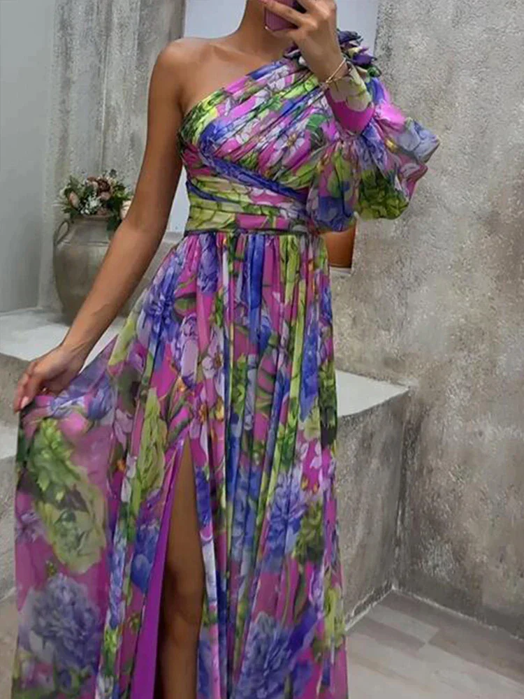 Lilac Maxi Dress with Side Slit and Capucine Print, Elegant Long Dress for Women, Fluid Fabric for Casual and Formal Occasions - Image 2