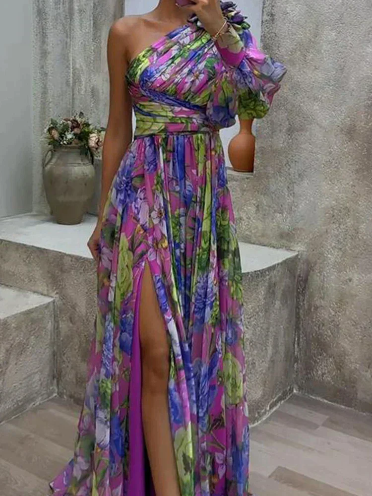 Lilac Maxi Dress with Side Slit and Capucine Print, Elegant Long Dress for Women, Fluid Fabric for Casual and Formal Occasions - Image 3