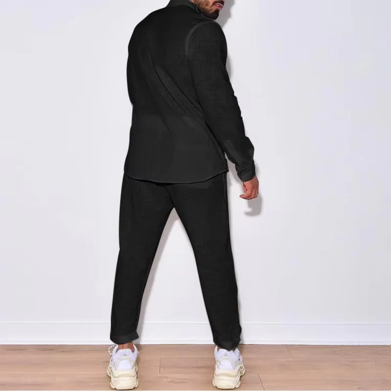 Linen Set for Men Lightweight Long Sleeve Shirt and Pants Casual Summer Outfit - Image 3