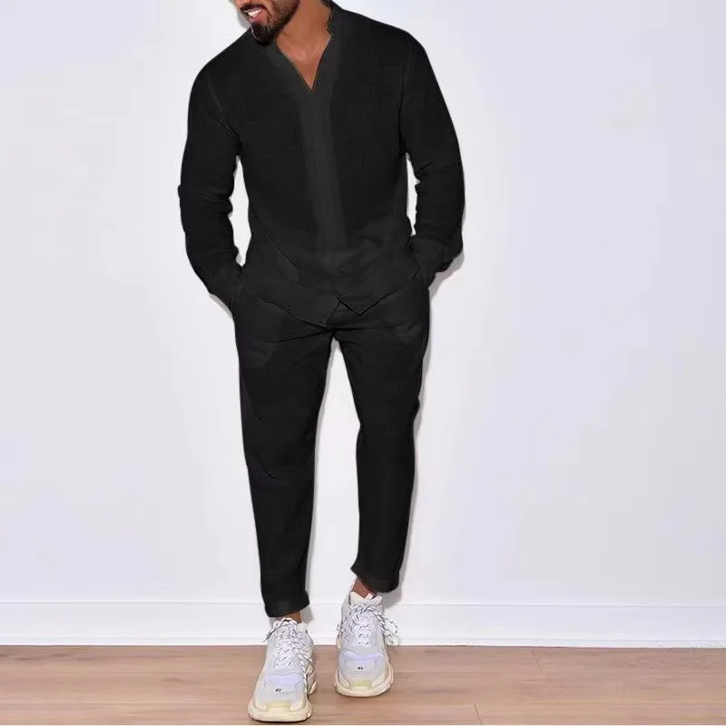 Linen Set for Men Lightweight Long Sleeve Shirt and Pants Casual Summer Outfit - Image 4