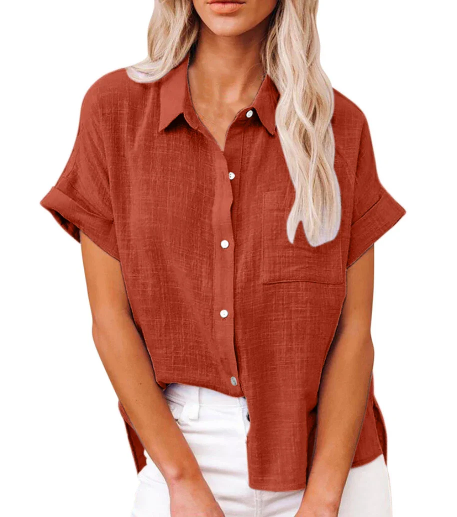 Linen Shirt Short Sleeve Casual Loose Fit Blouse Fresh Sweet Style Polyester Fabric - Image 3