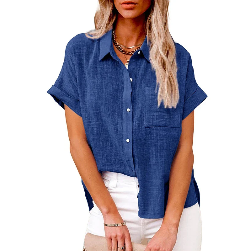 Linen Shirt Short Sleeve Casual Loose Fit Blouse Fresh Sweet Style Polyester Fabric - Image 4
