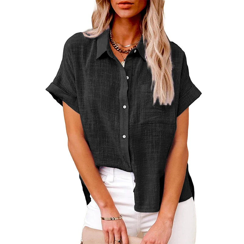 Linen Shirt Short Sleeve Casual Loose Fit Blouse Fresh Sweet Style Polyester Fabric - Image 7