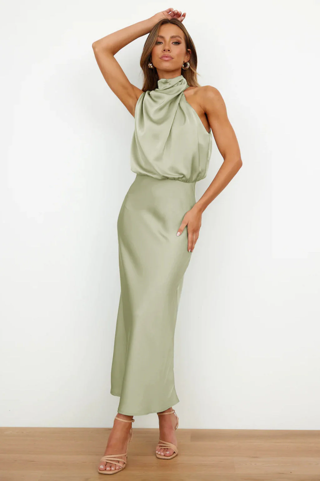 Long Satin Halterneck Formal Dress for Weddings and Elegant Occasions, Full-Length Evening Gown