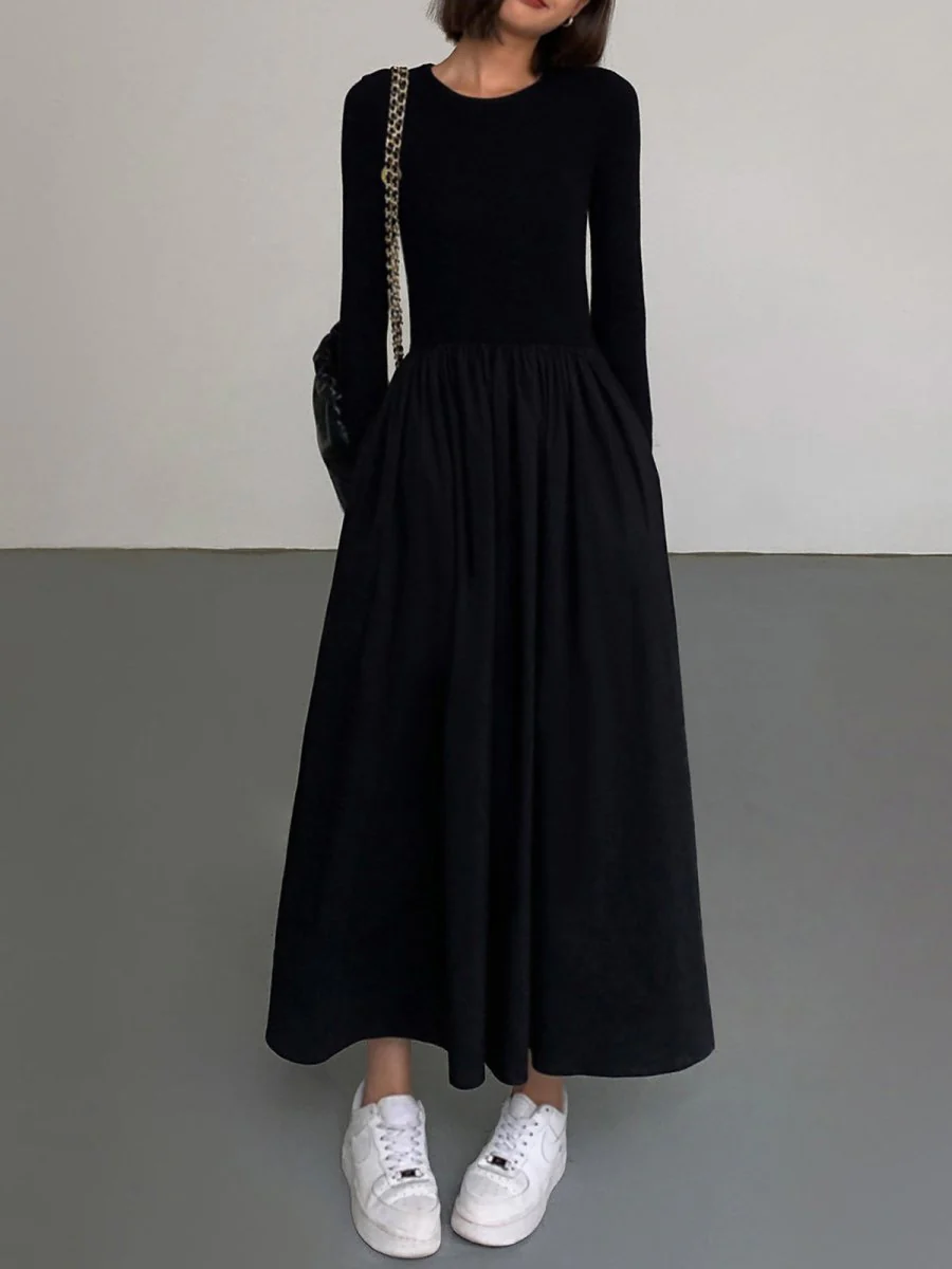 Long Sleeve Women's Dress with Pockets, Elegant Knee-Length Formal Dress for Work and Casual Events - Image 7