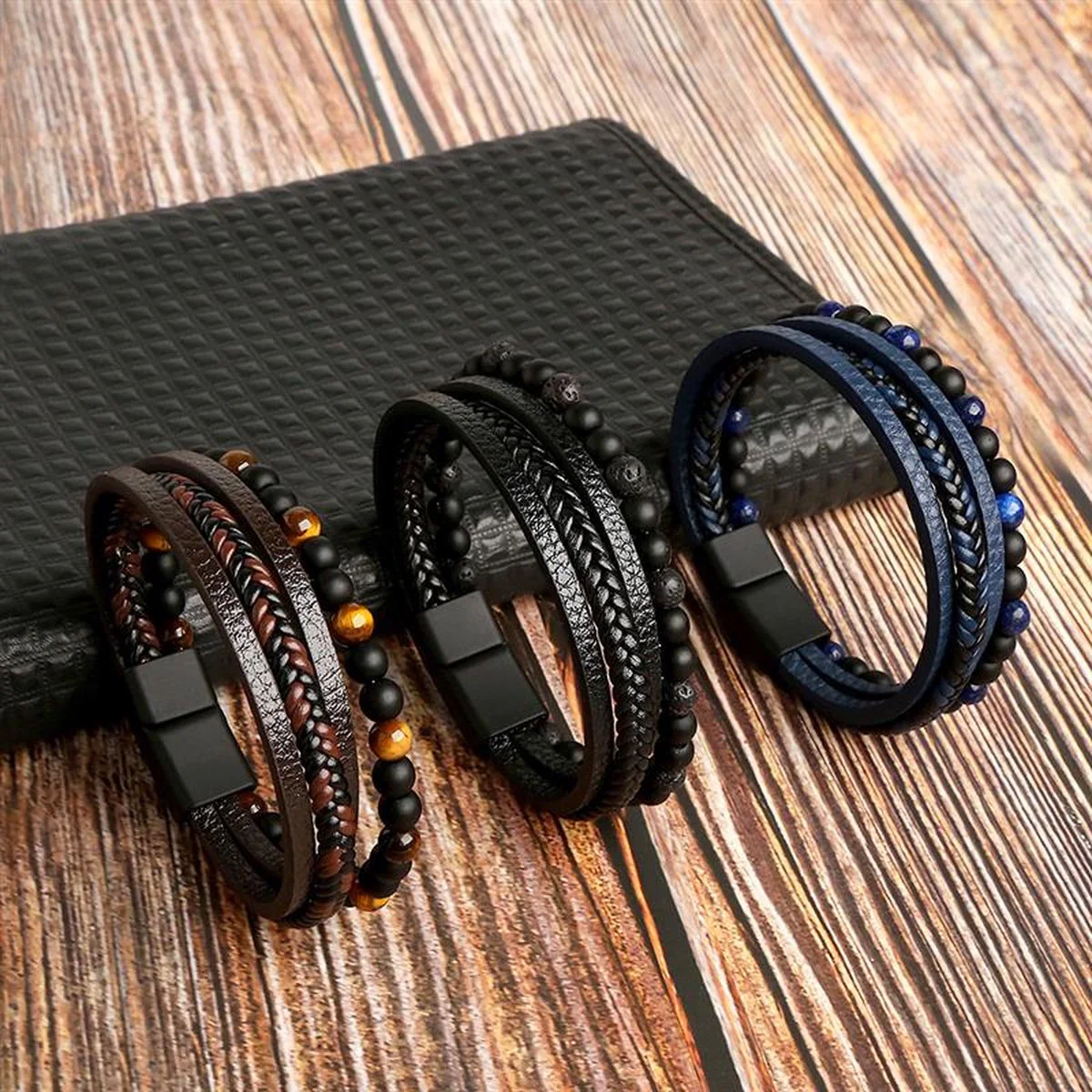 Luxurious men's leather bracelet set – braided design, durable leather, for special occasions - Image 3