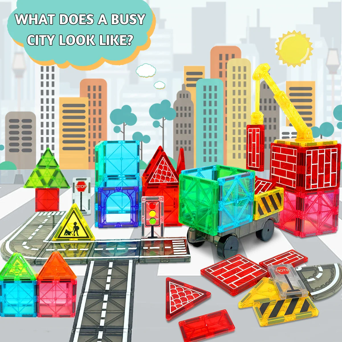 Magnetic Building Blocks Road Set with Cars - Fun Construction Toy for Boys & Girls, Ideal Christmas & Birthday Gift for Toddlers - Image 3