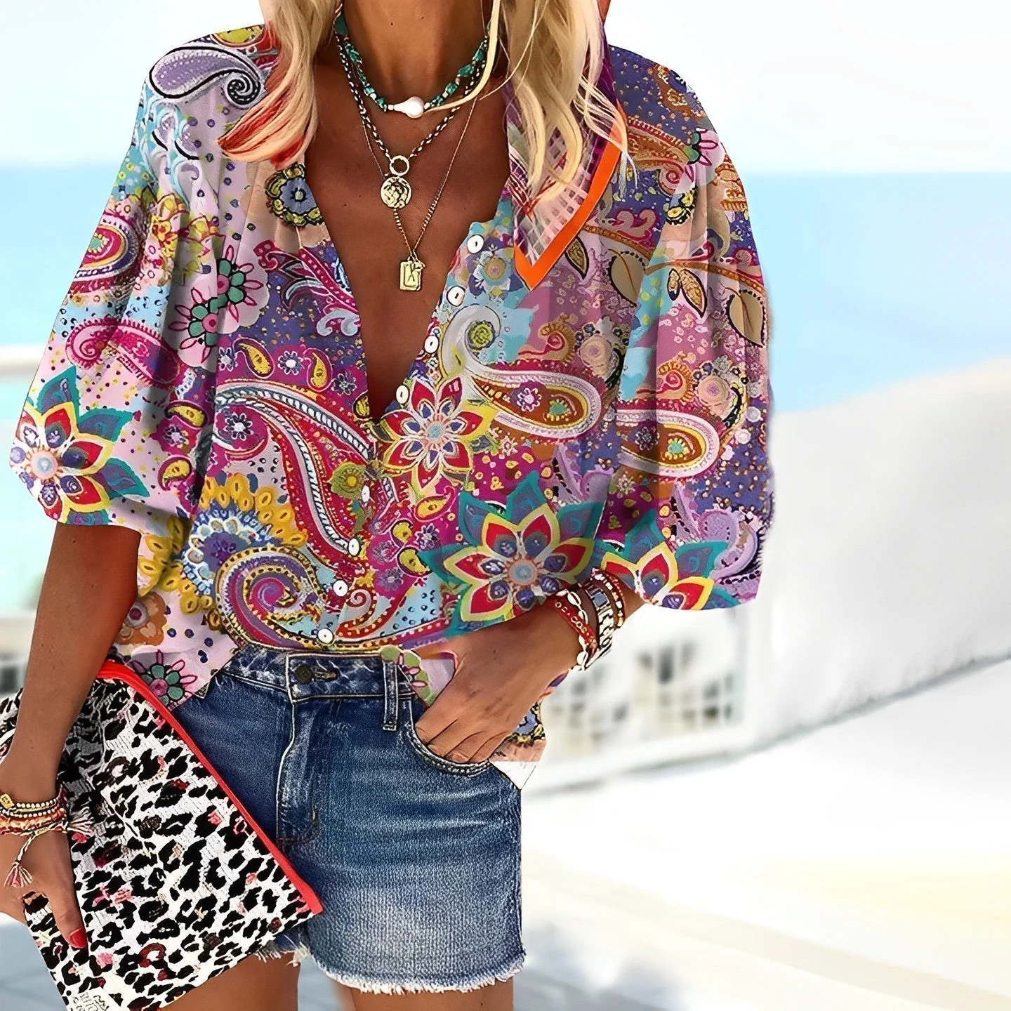 Mandala Printed Women's Shirt in Soft Knitted Fabric, Relaxed Fit for Autumn and Winter - Image 3
