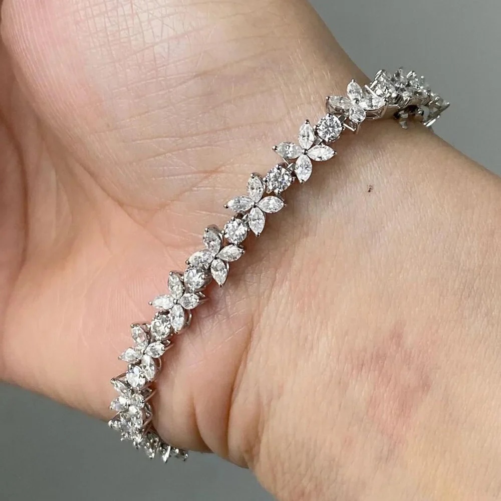 Moissanite Tennis Bracelet Sterling Silver Bridal Floral - Image 6