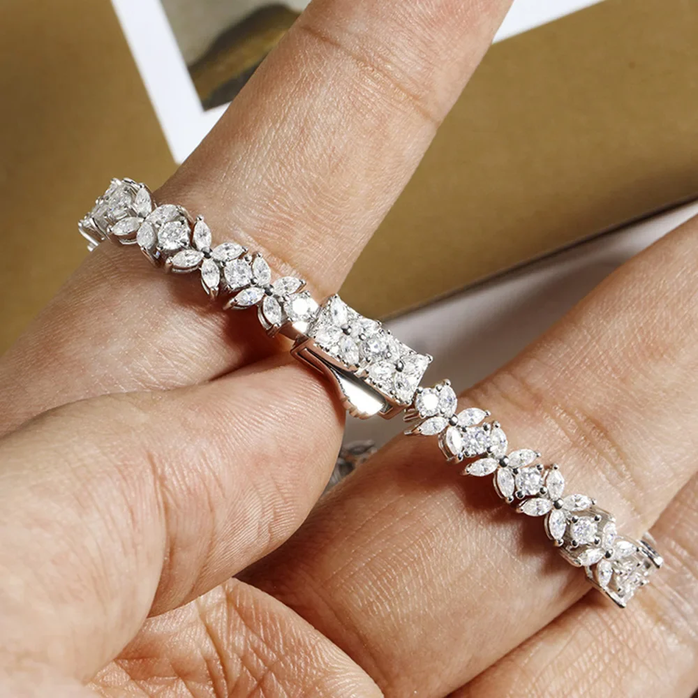 Moissanite Tennis Bracelet Sterling Silver Bridal Floral - Image 9