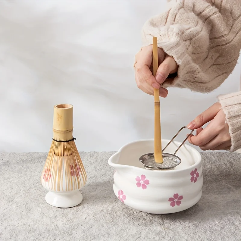 Matcha Bowl White Ceramic Sakura Matcha Tea Set With Bamboo Whisk And Strainer Spring 2025 Gift - Image 2