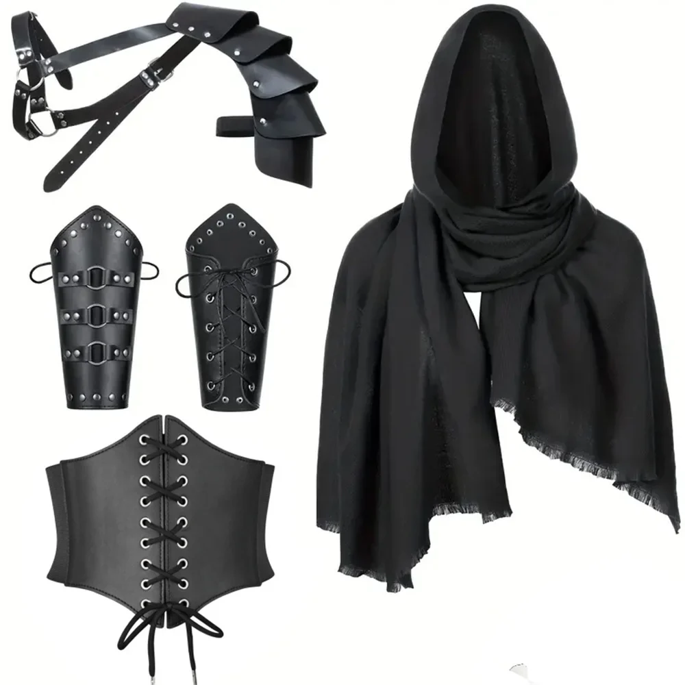 Medieval Knight Cosplay Accessories Set with PU Leather Corset Belt, Shawl Cape, and Arm Warmers, One Size Fits Most - Image 3