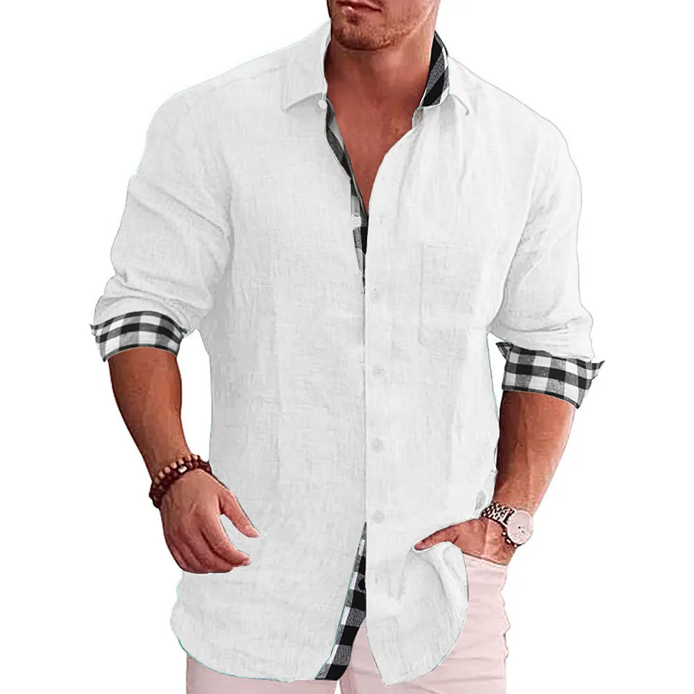 Cotton Linen Plaid Blouse Shirt - Long Sleeve Office Workwear Tops - Image 7