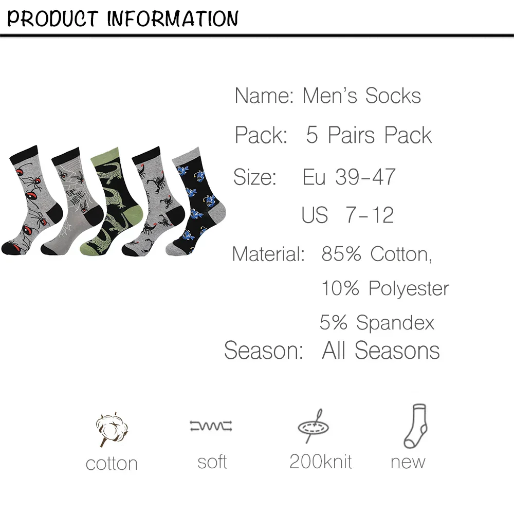 Men's Crew Socks Combed Cotton 5-Pack Harajuku Pattern Casual Socks Fall 2025 Breathable Antibacterial Comfort Gift - Image 2