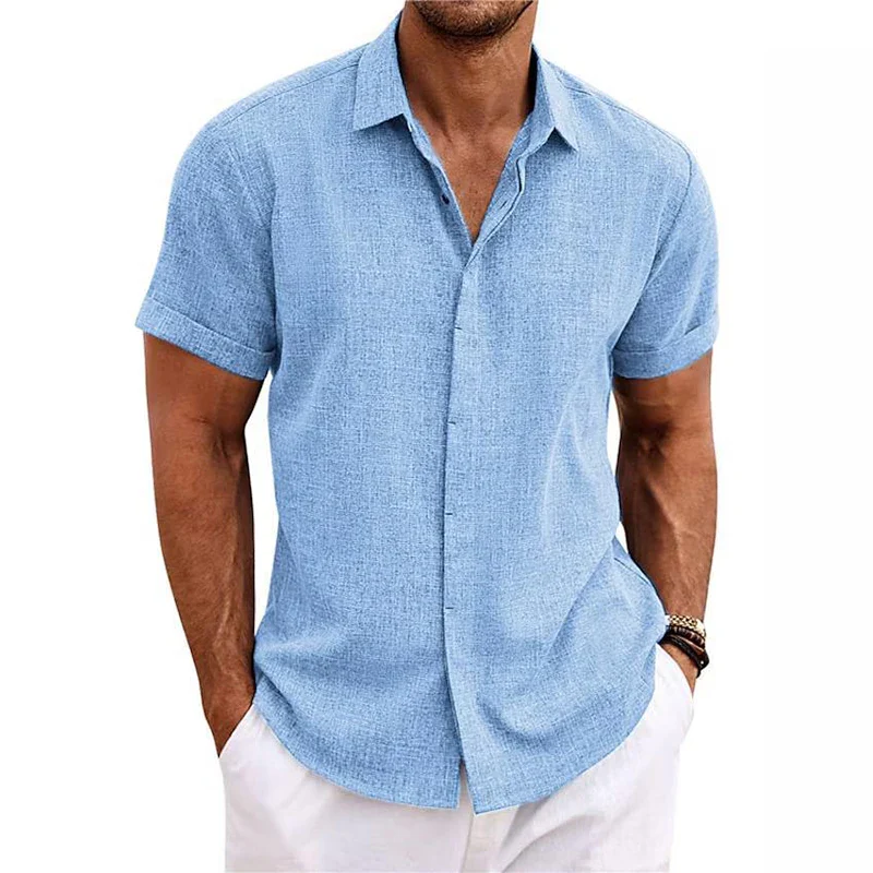 Fashionable Polo Collar Solid Color Shirt - Short Sleeve V-Neck Casual Cotton Linen Top - Image 5