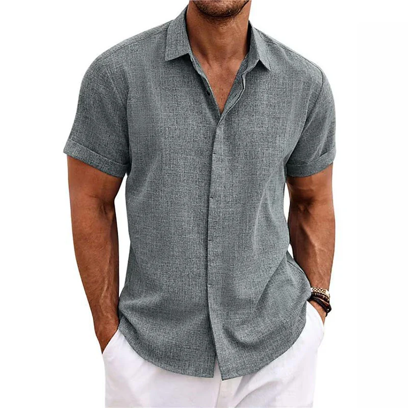 Fashionable Polo Collar Solid Color Shirt - Short Sleeve V-Neck Casual Cotton Linen Top - Image 6